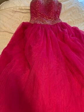Strapless Hot Pink Sequin Bodice Tulle Prom Dress
